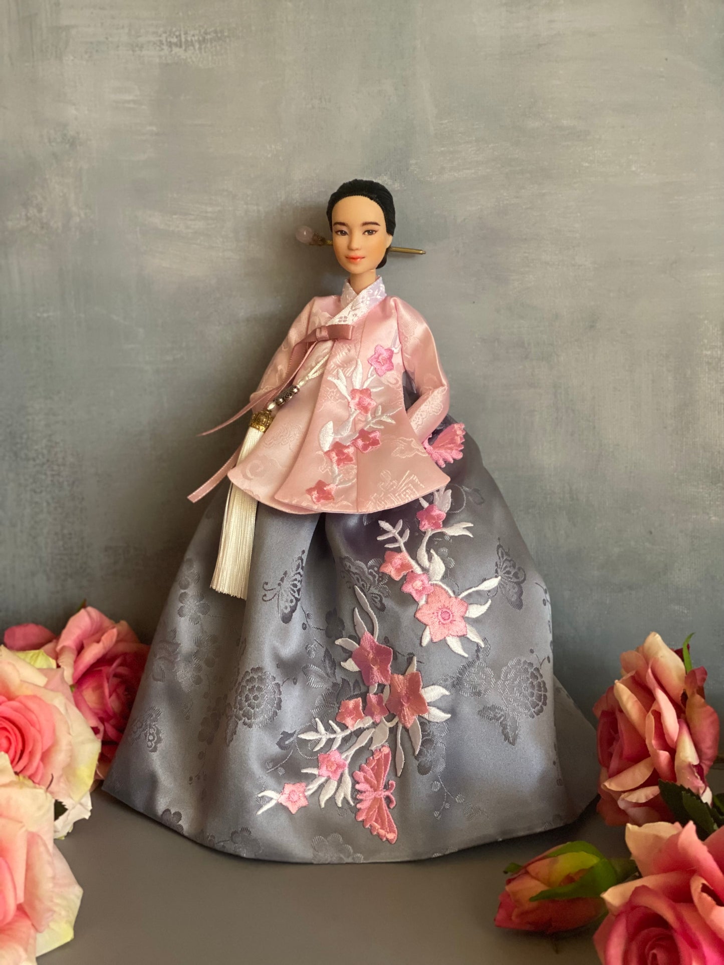 Doll Hanbok for 12"(30cm) doll - Pink embroidery patched on Dang-eui Hanbok set