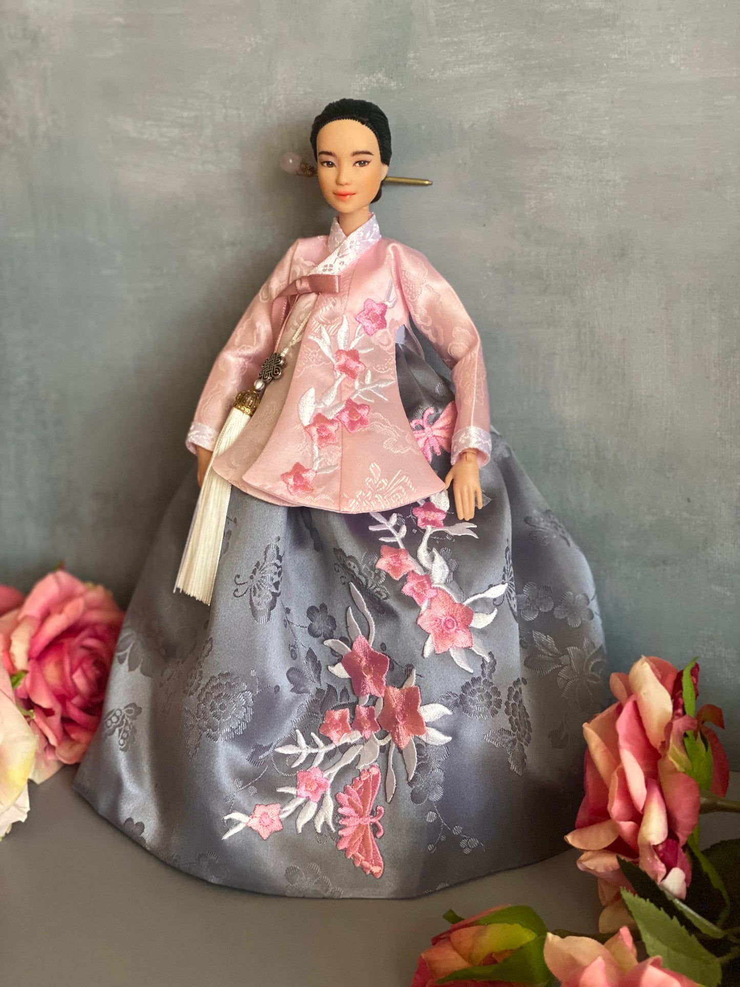 Doll Hanbok for 12"(30cm) doll - Pink embroidery patched on Dang-eui Hanbok set
