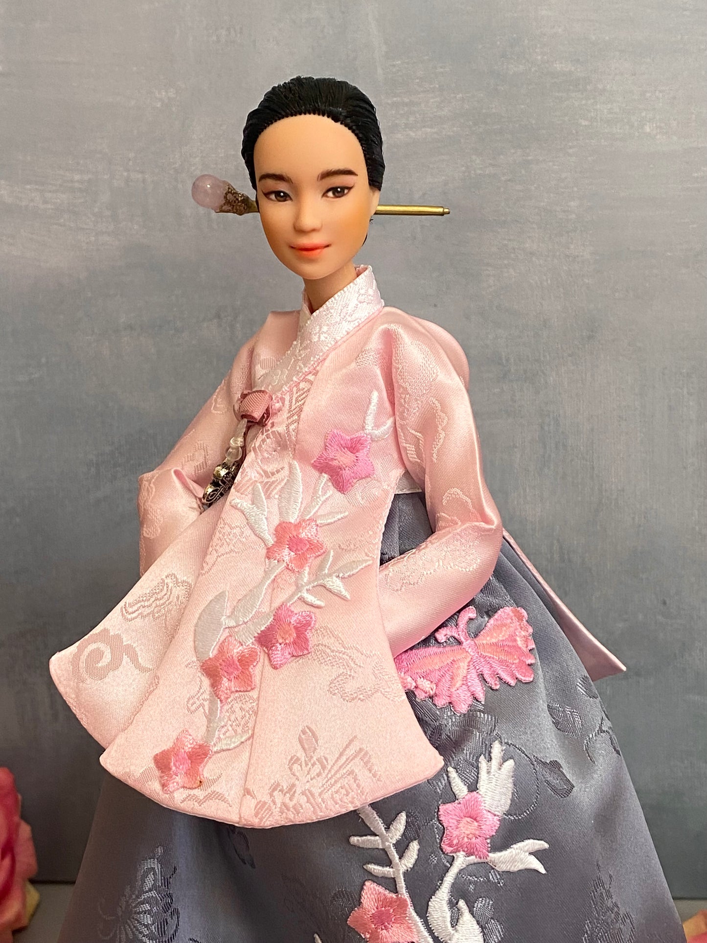 Doll Hanbok for 12"(30cm) doll - Pink embroidery patched on Dang-eui Hanbok set