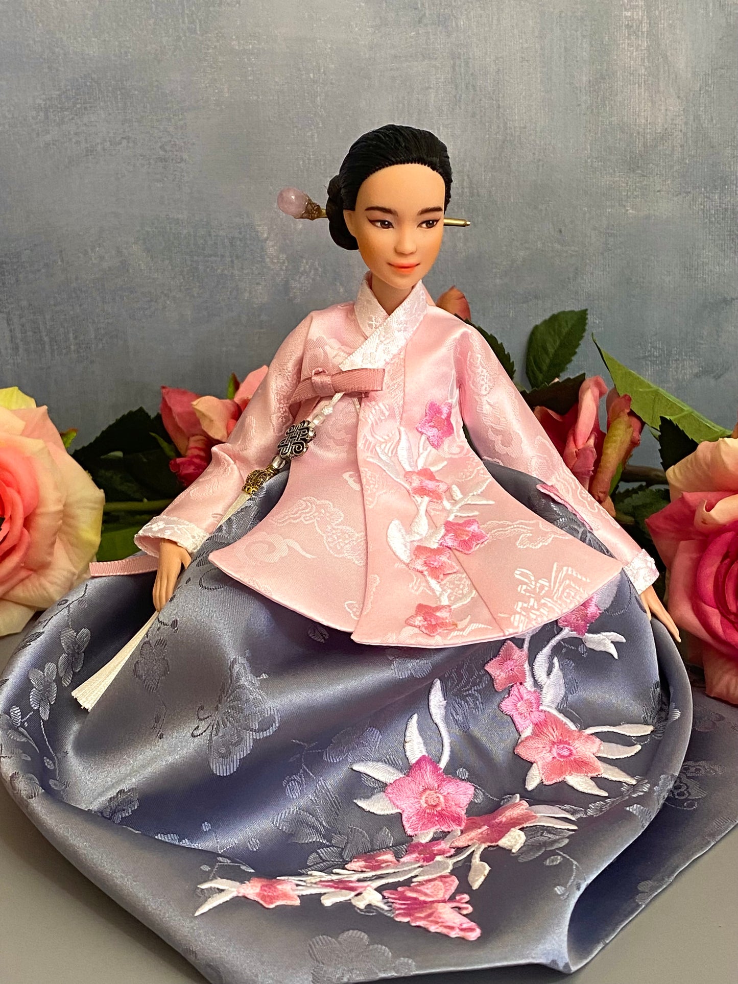 Doll Hanbok for 12"(30cm) doll - Pink embroidery patched on Dang-eui Hanbok set