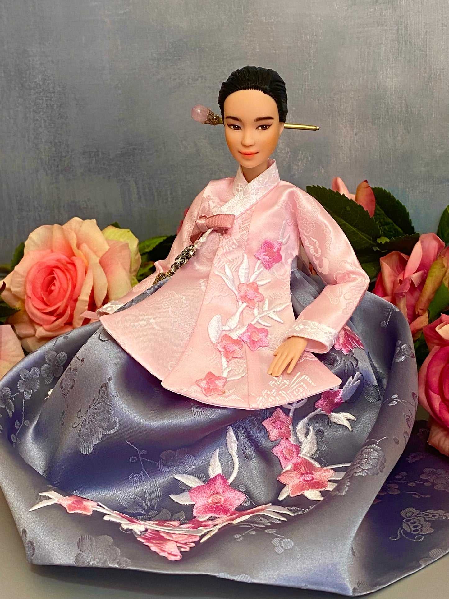 Doll Hanbok for 12"(30cm) doll - Pink embroidery patched on Dang-eui Hanbok set