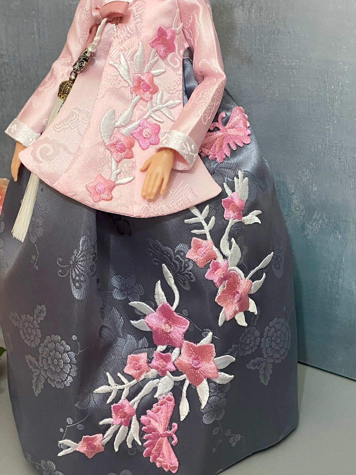 Doll Hanbok for 12"(30cm) doll - Pink embroidery patched on Dang-eui Hanbok set