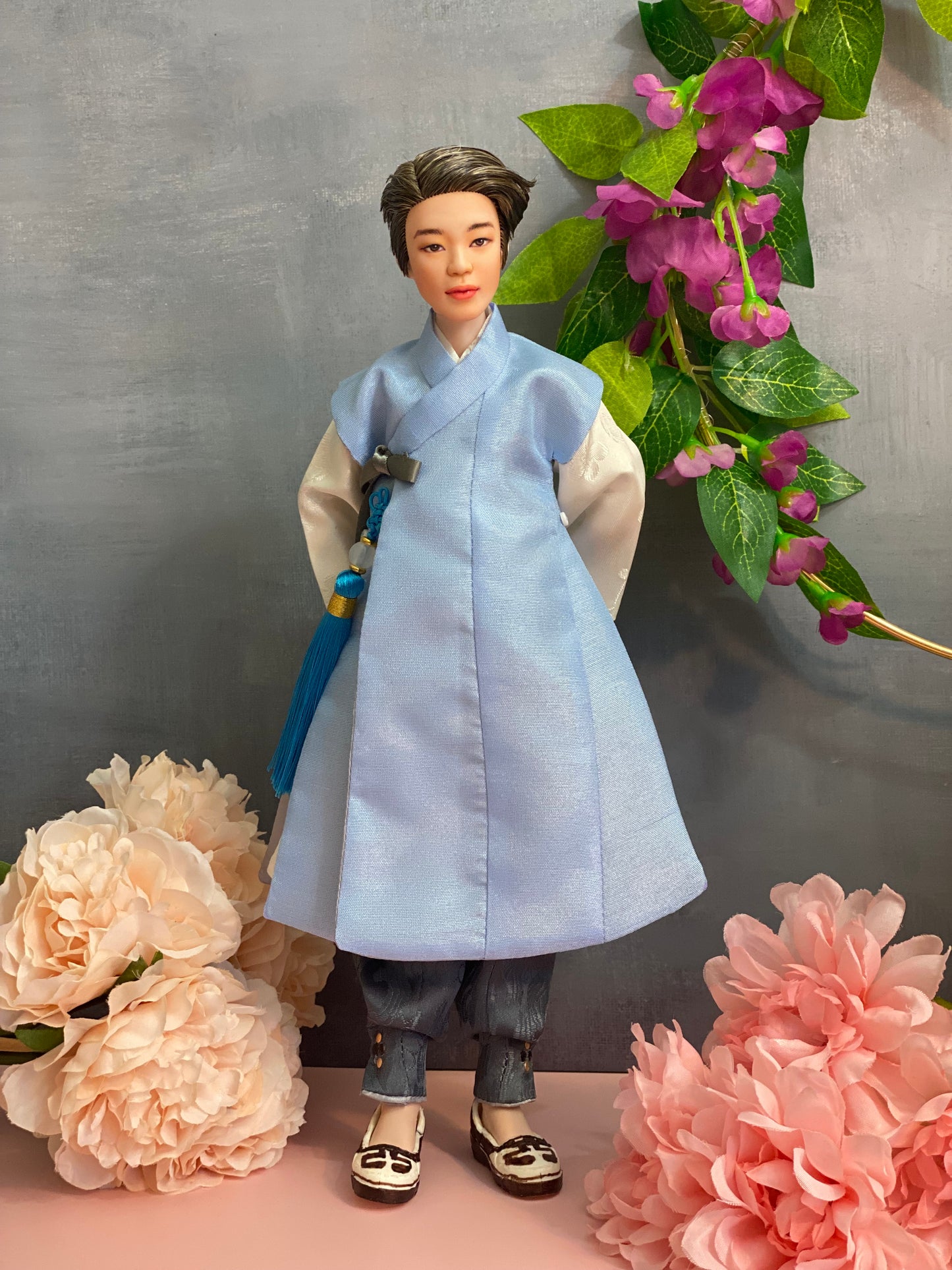 Hanbok para muñeco masculino de 12" - Conjunto de abrigo exterior azul claro