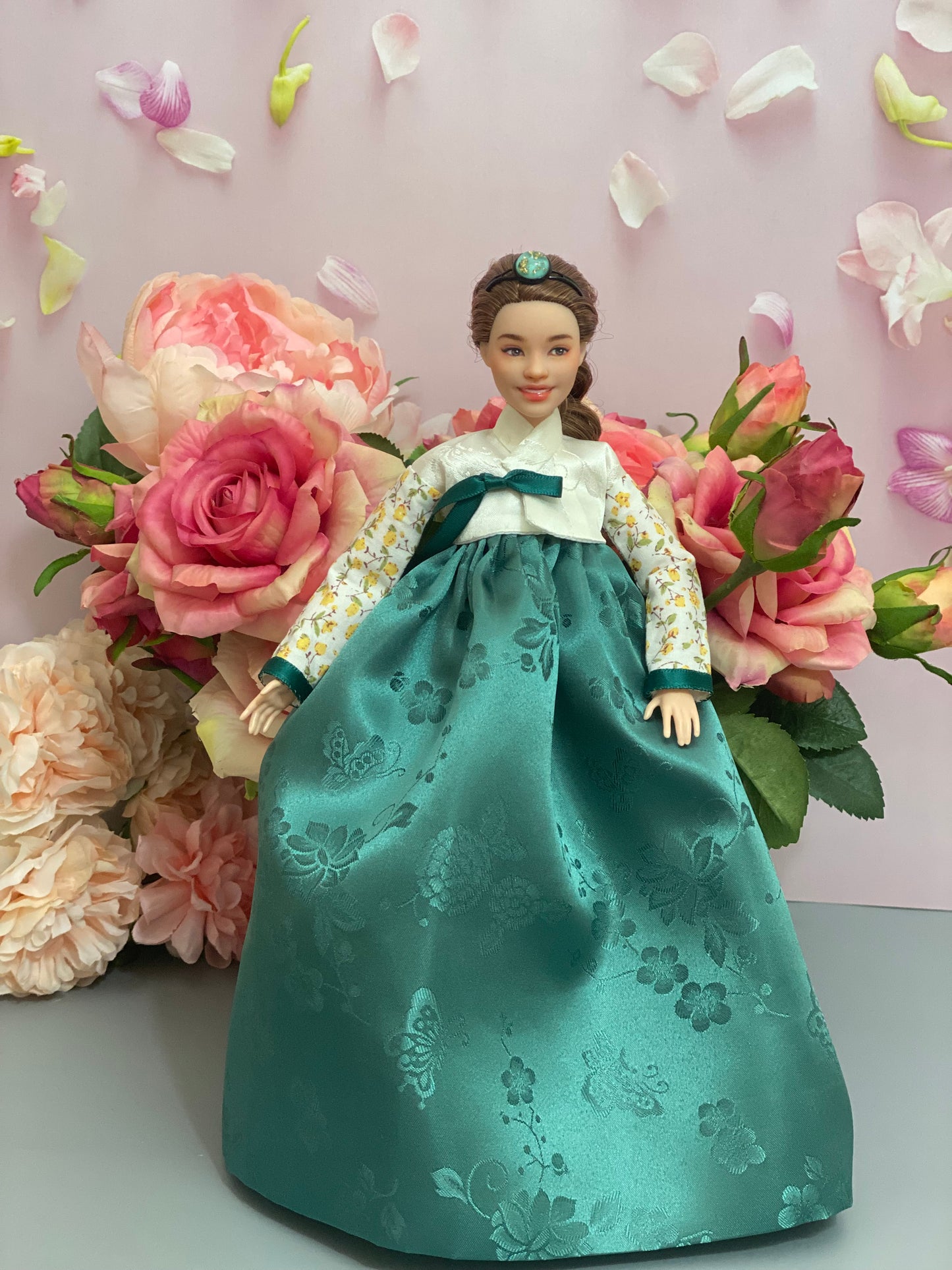 Doll Hanbok for 12"(30cm) doll - Green skirt floral Jeogori Hanbok set