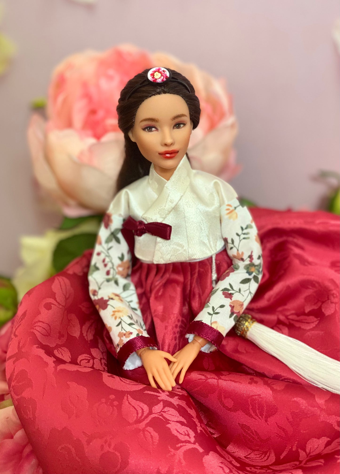 Doll Hanbok for 12"(30cm) doll - Red skirt floral Jeogori Hanbok set