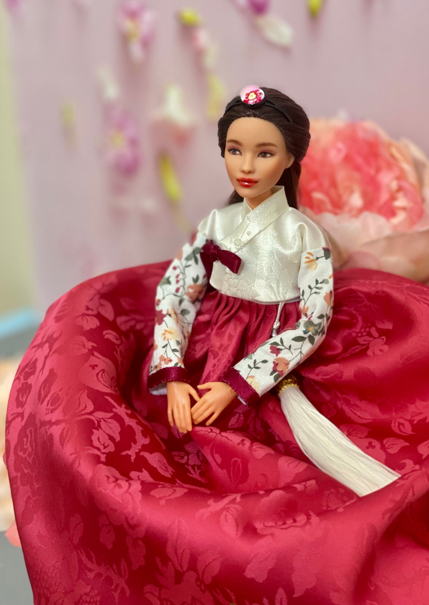 Doll Hanbok for 12"(30cm) doll - Red skirt floral Jeogori Hanbok set