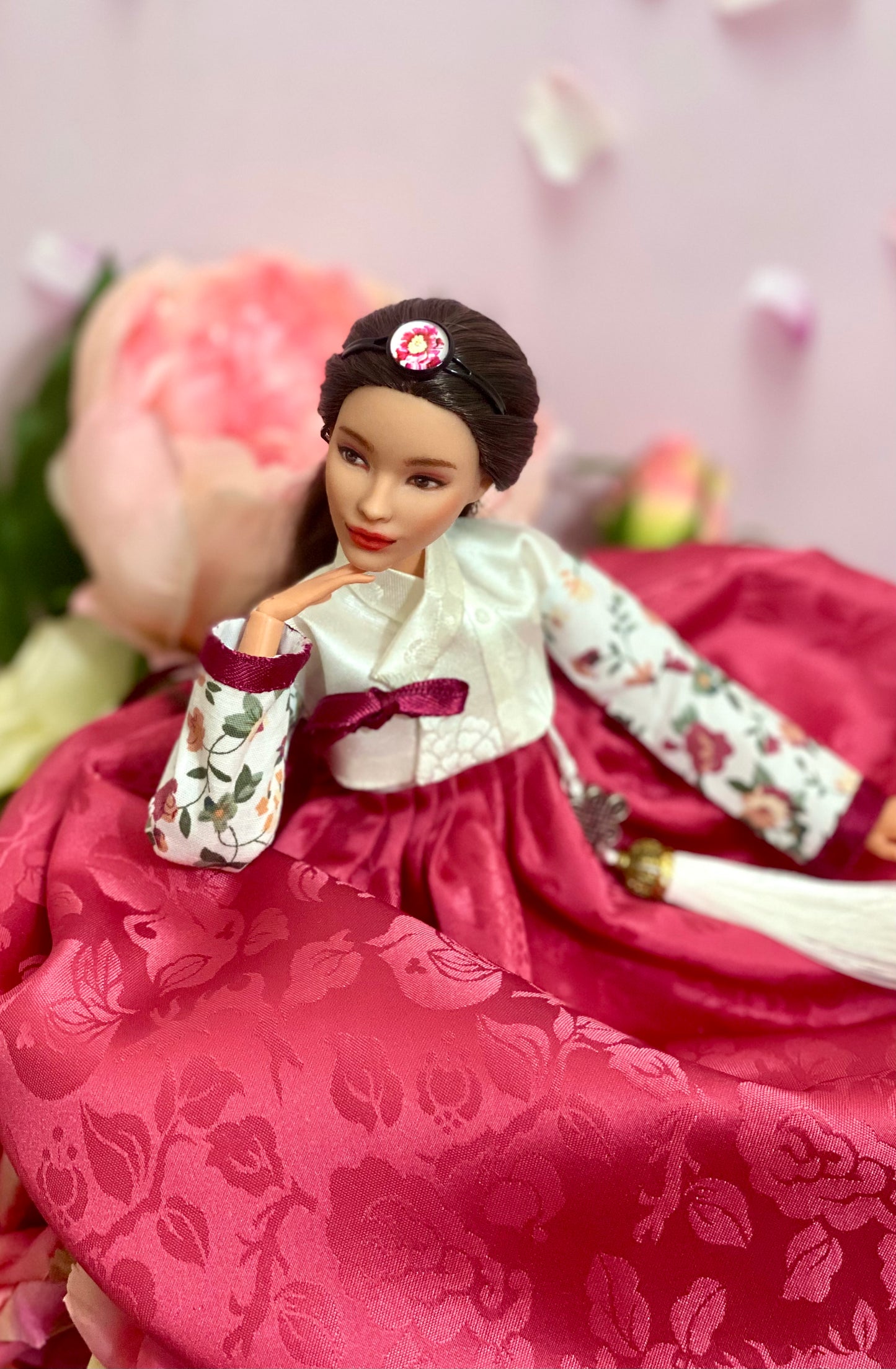 Doll Hanbok for 12"(30cm) doll - Red skirt floral Jeogori Hanbok set