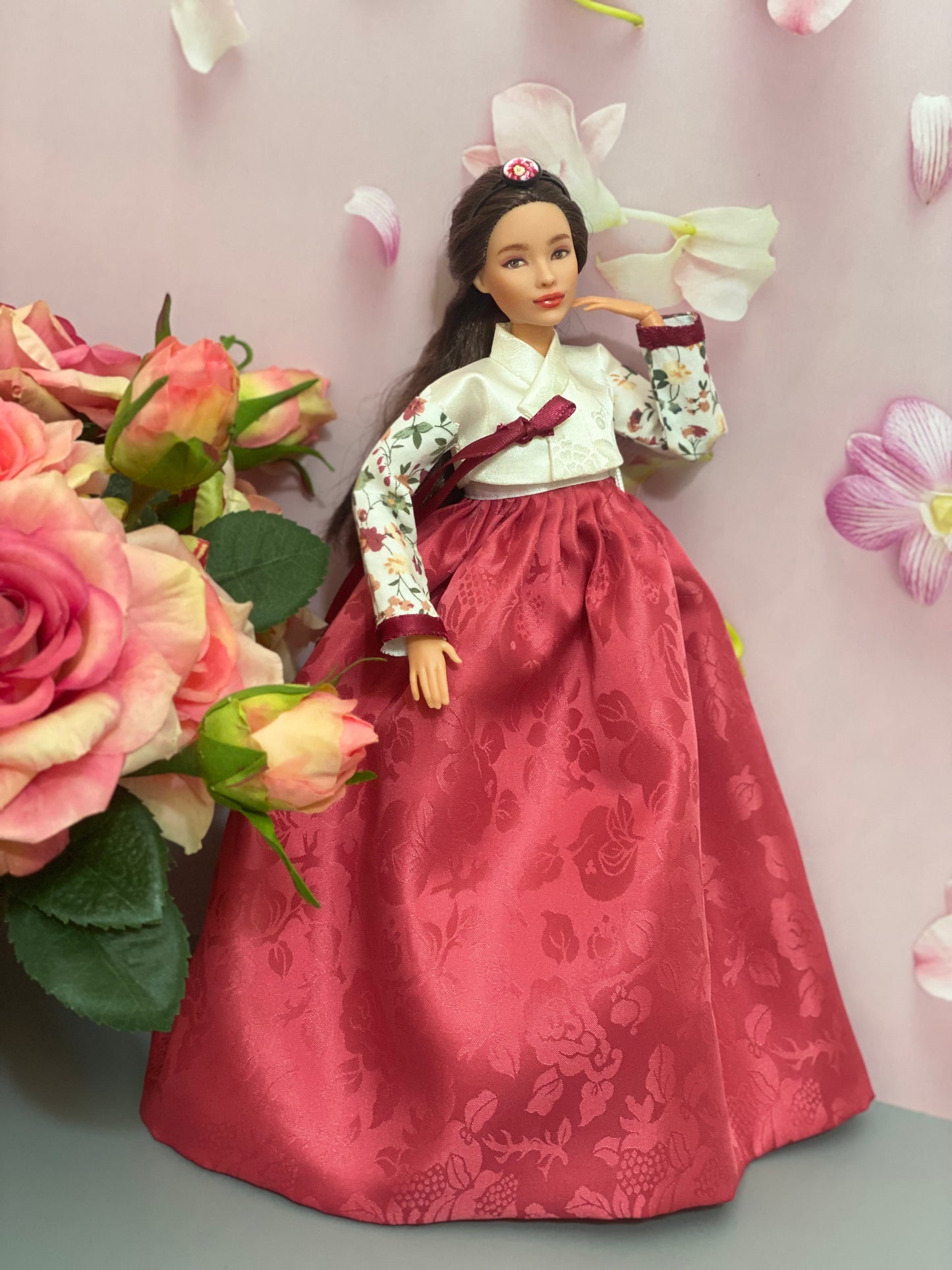 Doll Hanbok for 12"(30cm) doll - Red skirt floral Jeogori Hanbok set