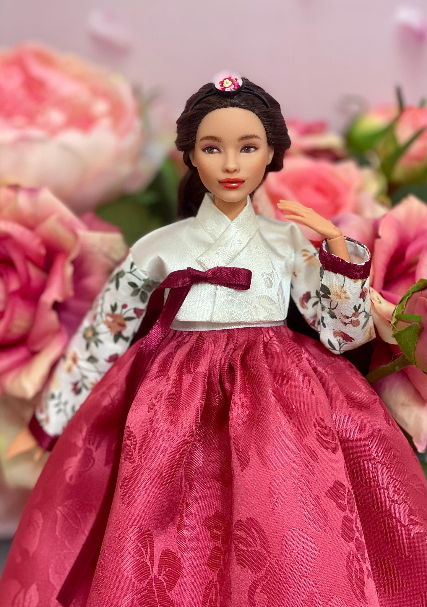 Doll Hanbok for 12"(30cm) doll - Red skirt floral Jeogori Hanbok set