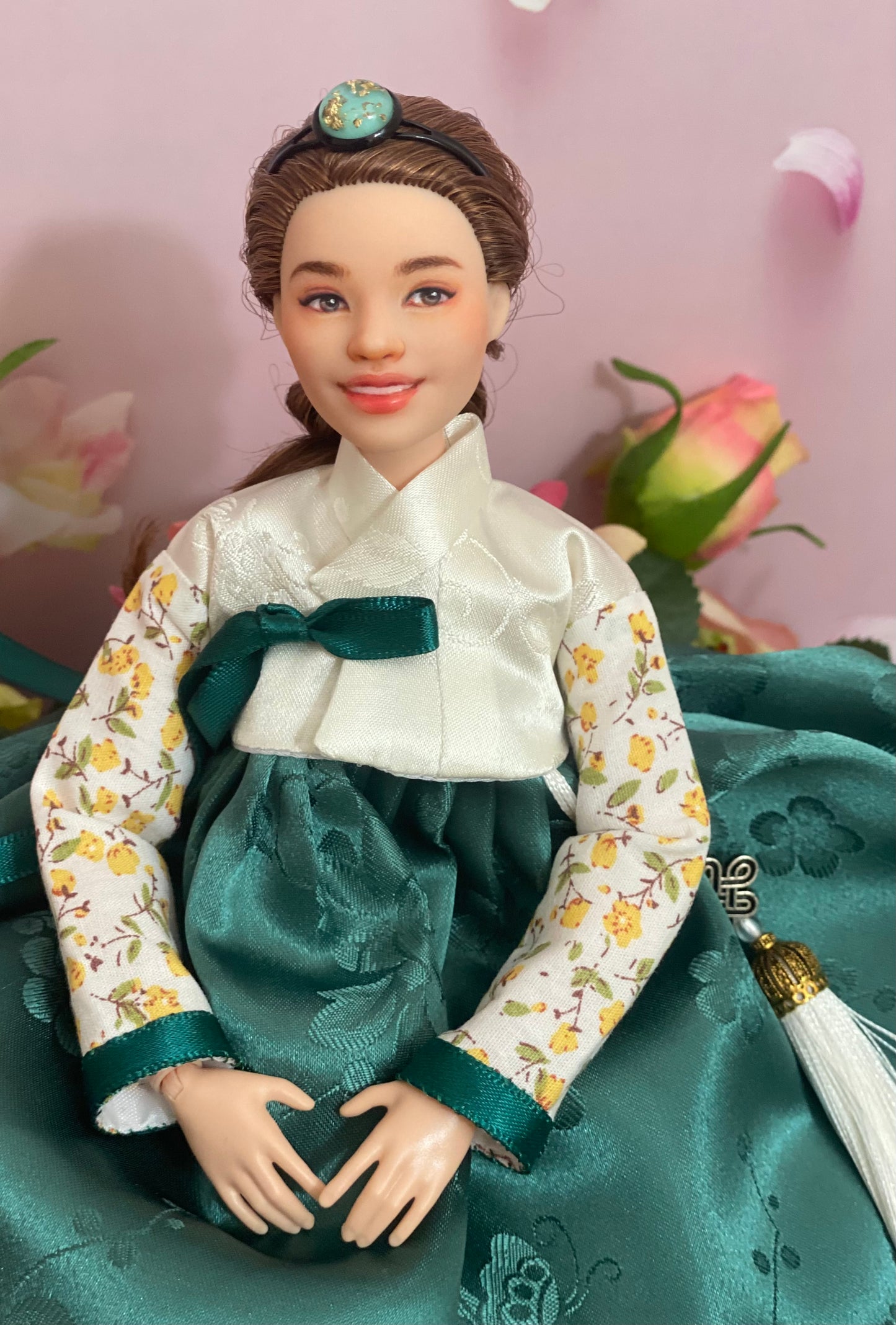 Doll Hanbok for 12"(30cm) doll - Green skirt floral Jeogori Hanbok set