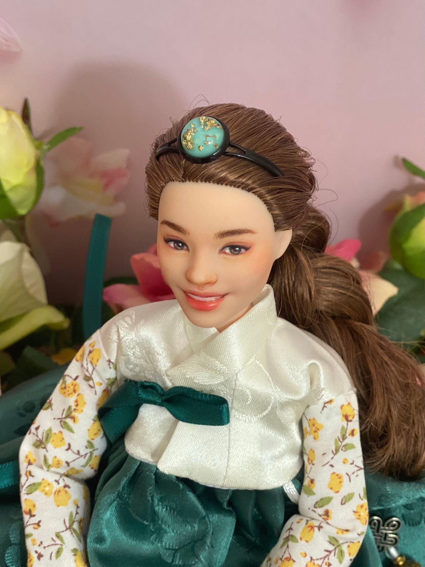 Doll Hanbok for 12"(30cm) doll - Green skirt floral Jeogori Hanbok set