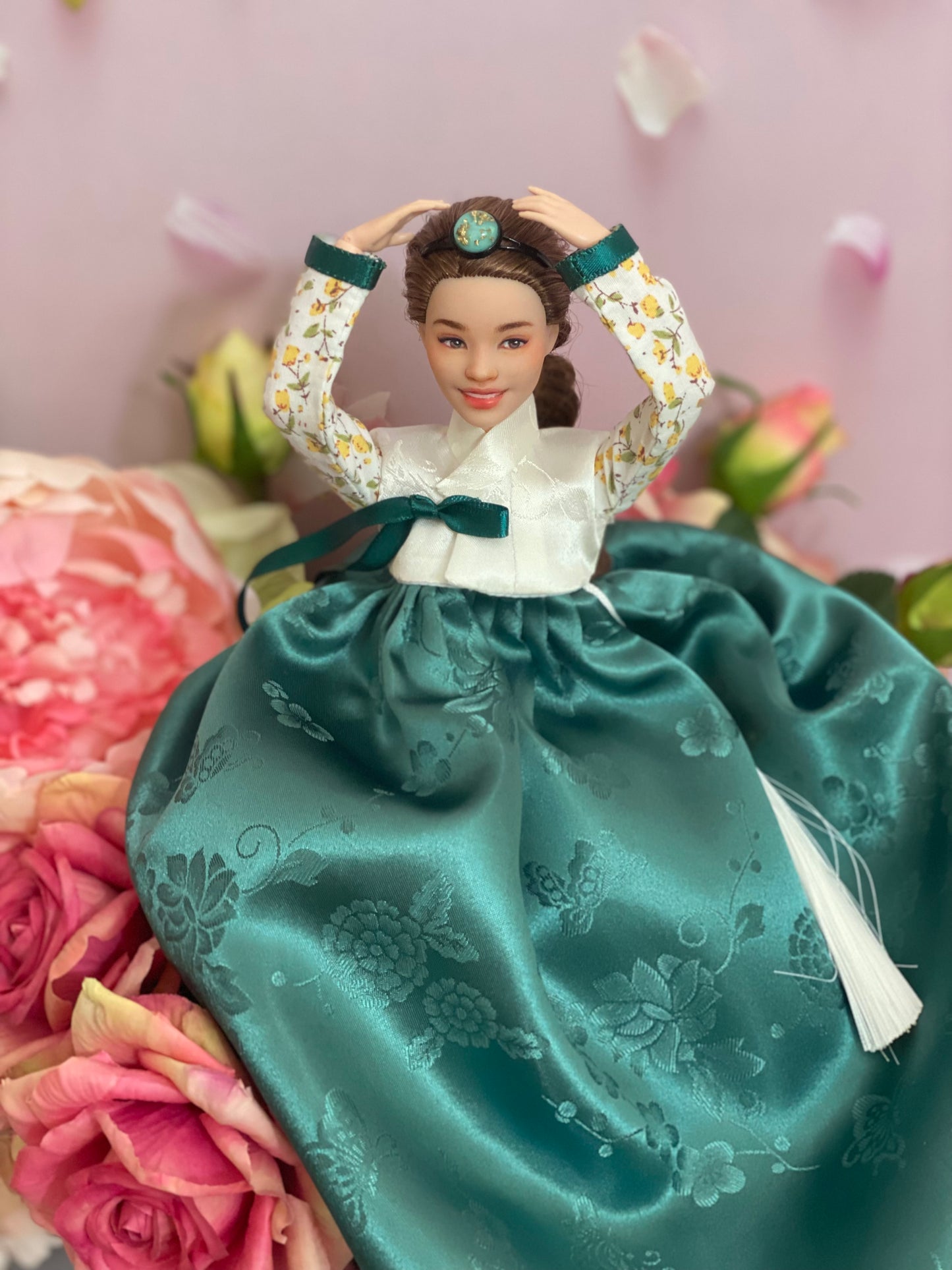 Doll Hanbok for 12"(30cm) doll - Green skirt floral Jeogori Hanbok set