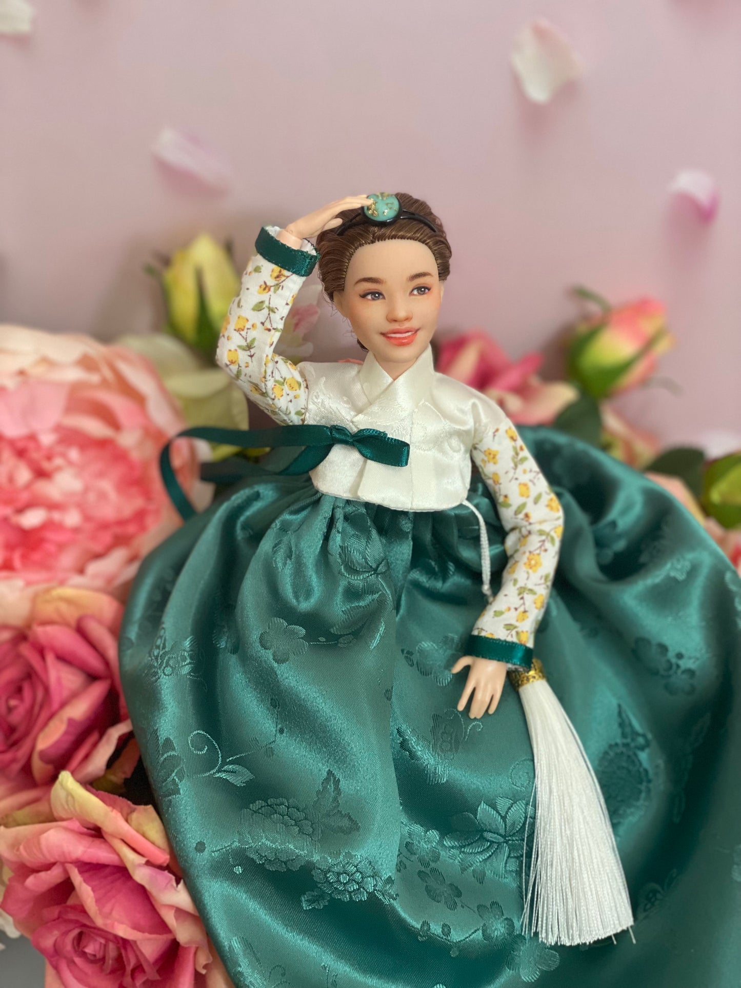 Doll Hanbok for 12"(30cm) doll - Green skirt floral Jeogori Hanbok set