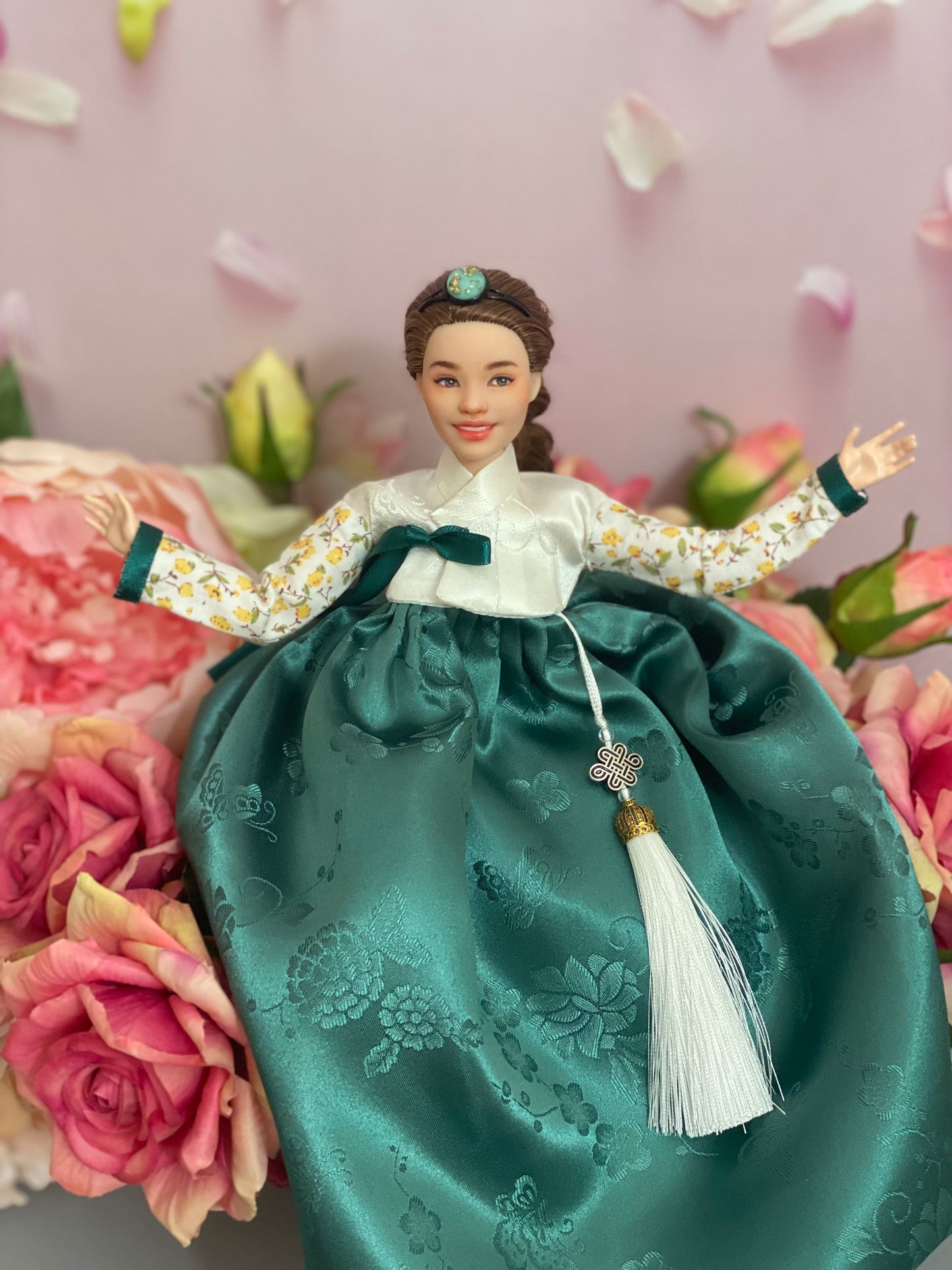 Doll Hanbok for 12"(30cm) doll - Green skirt floral Jeogori Hanbok set