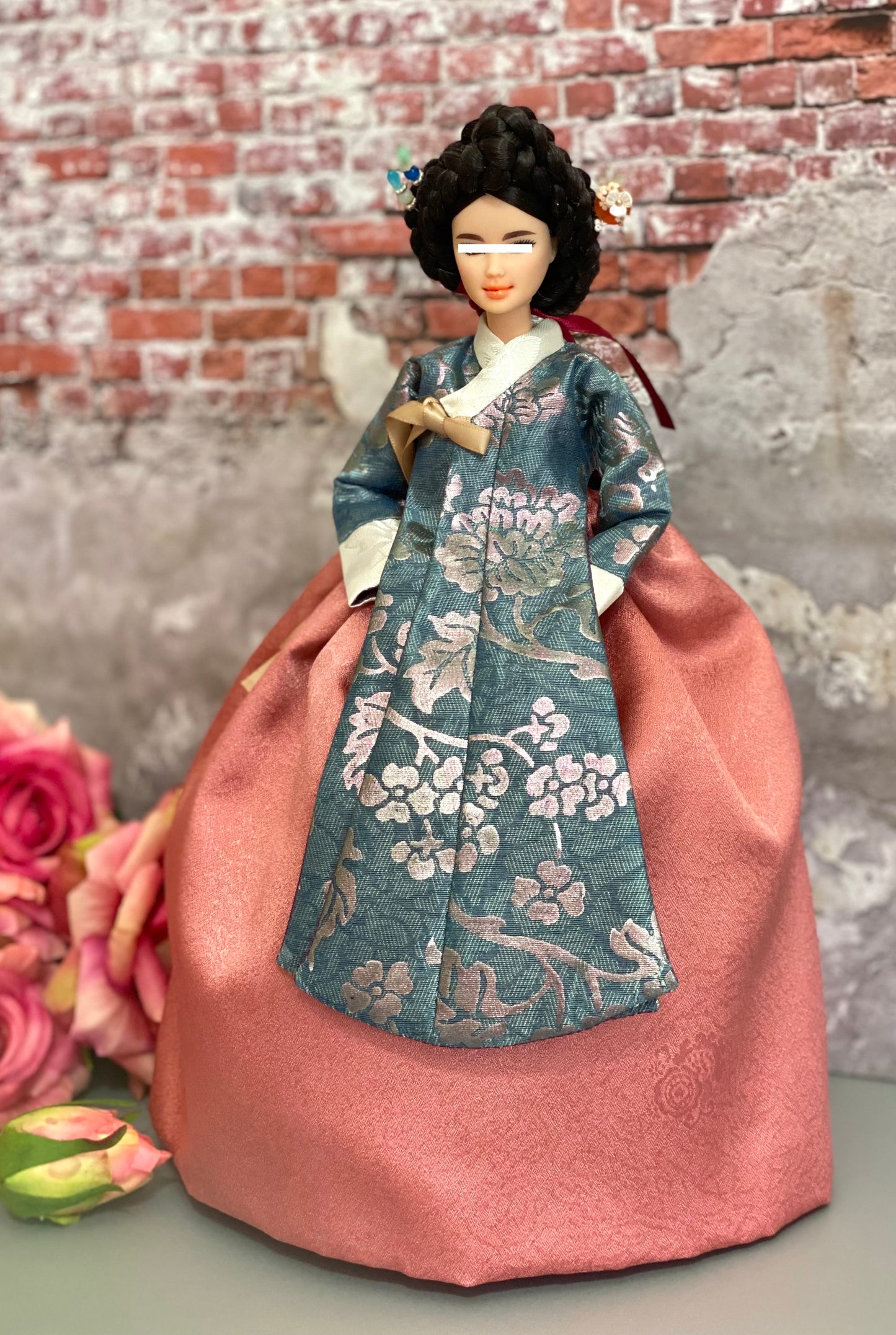 Doll Hanbok for 12"(30cm) doll - dark peach skirt + green long Dang-eui Hanbok set