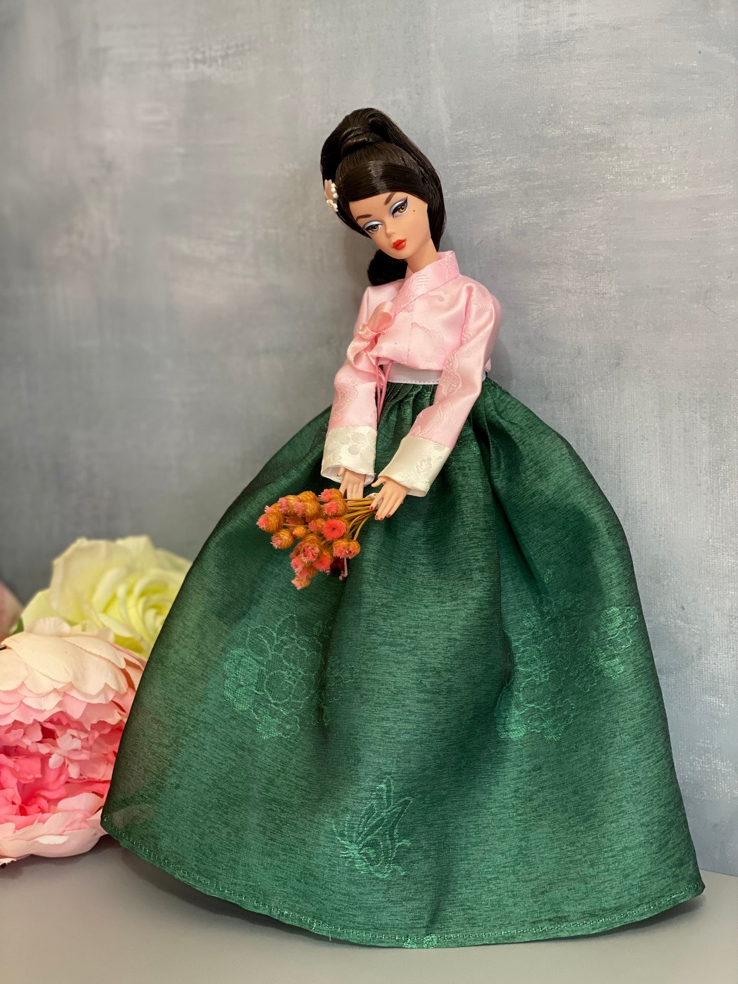 Doll Hanbok for 12"(30cm) doll - pink Jeogori + green skirt Hanbok set