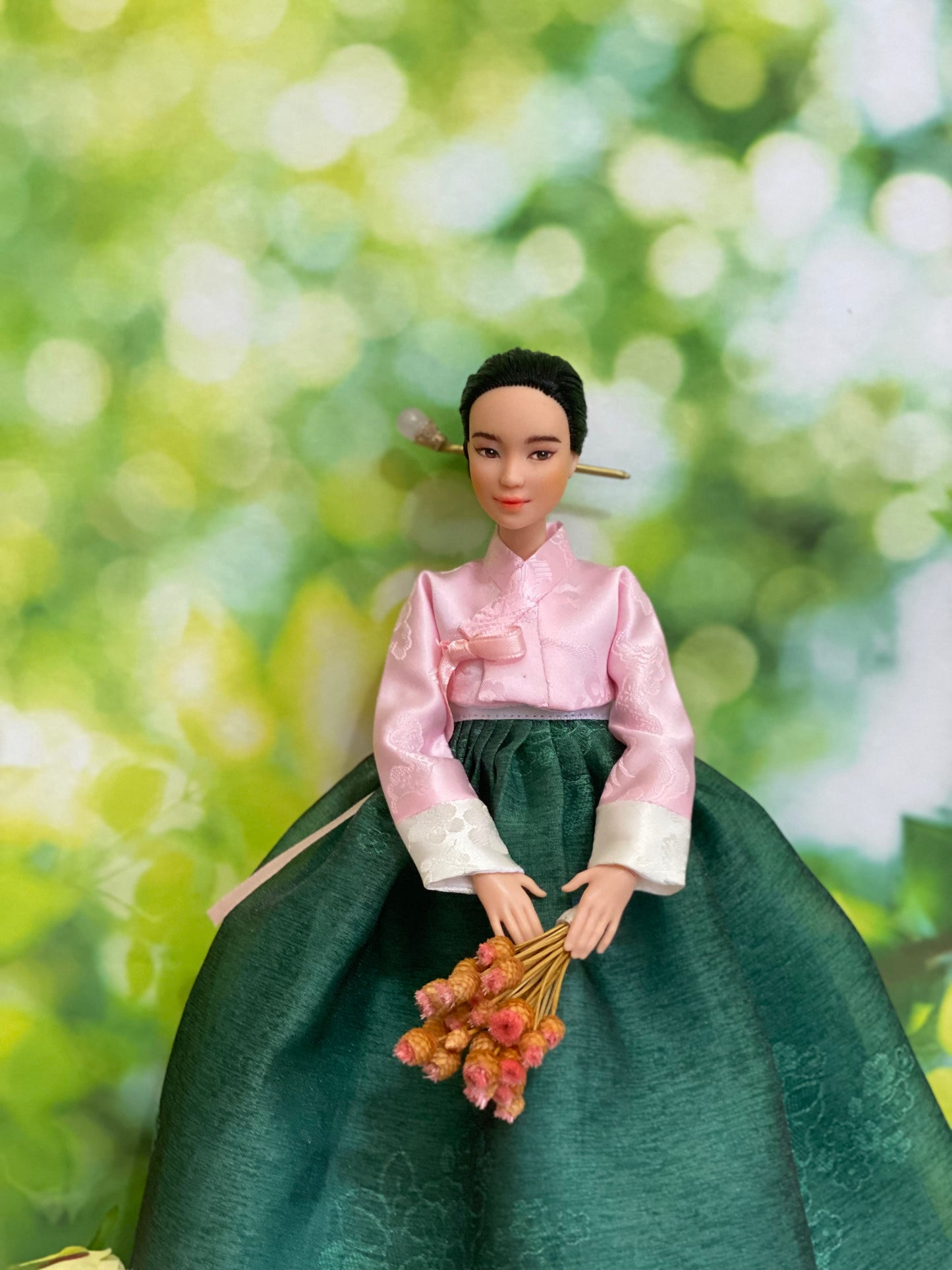 Doll Hanbok for 12"(30cm) doll - pink Jeogori + green skirt Hanbok set