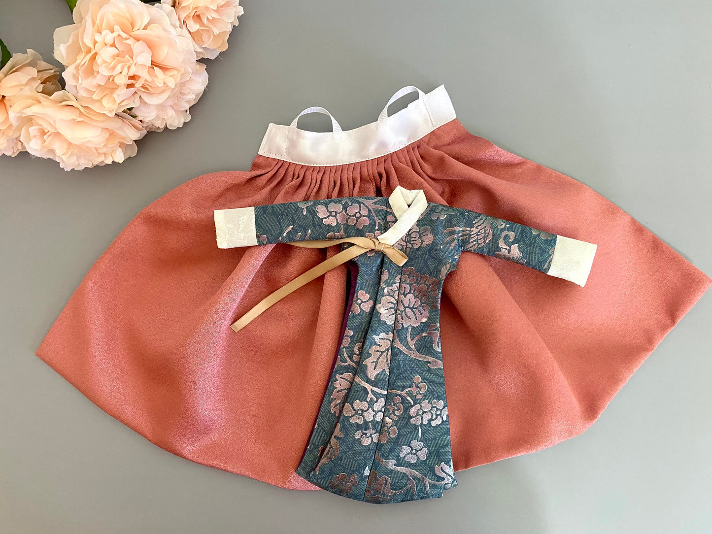 Doll Hanbok for 12"(30cm) doll - dark peach skirt + green long Dang-eui Hanbok set