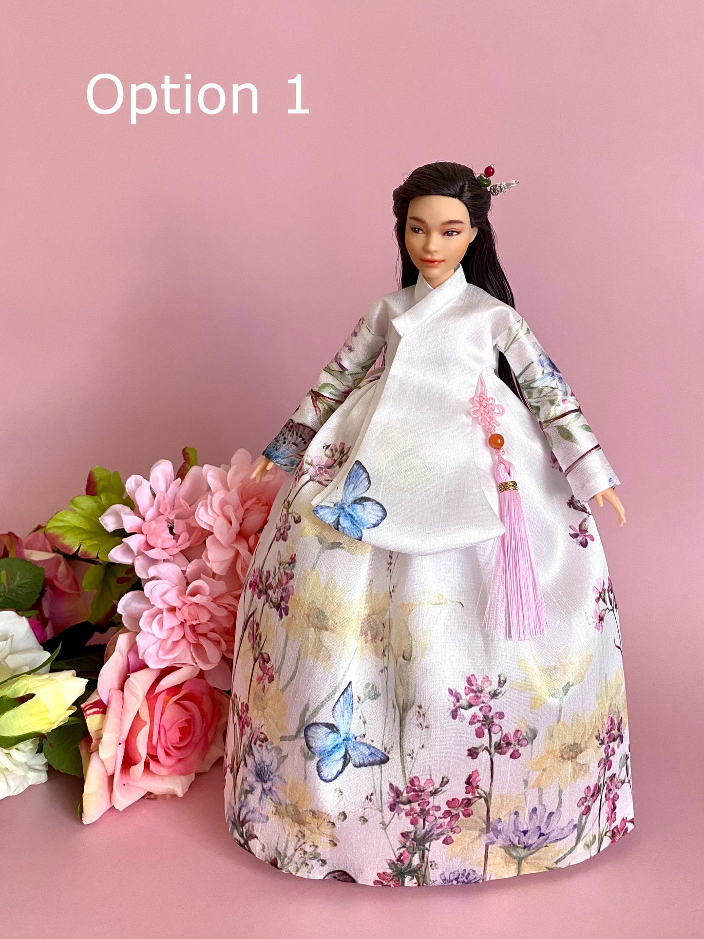 OOAK Doll Hanbok for 12"(30cm) doll - White floral patterned Dang-eui Hanbok set